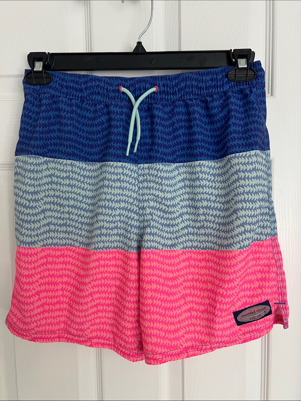 Vineyard Vines Boys Colorblock Swim Trunks - Navy, Light Blue & Bright Pink